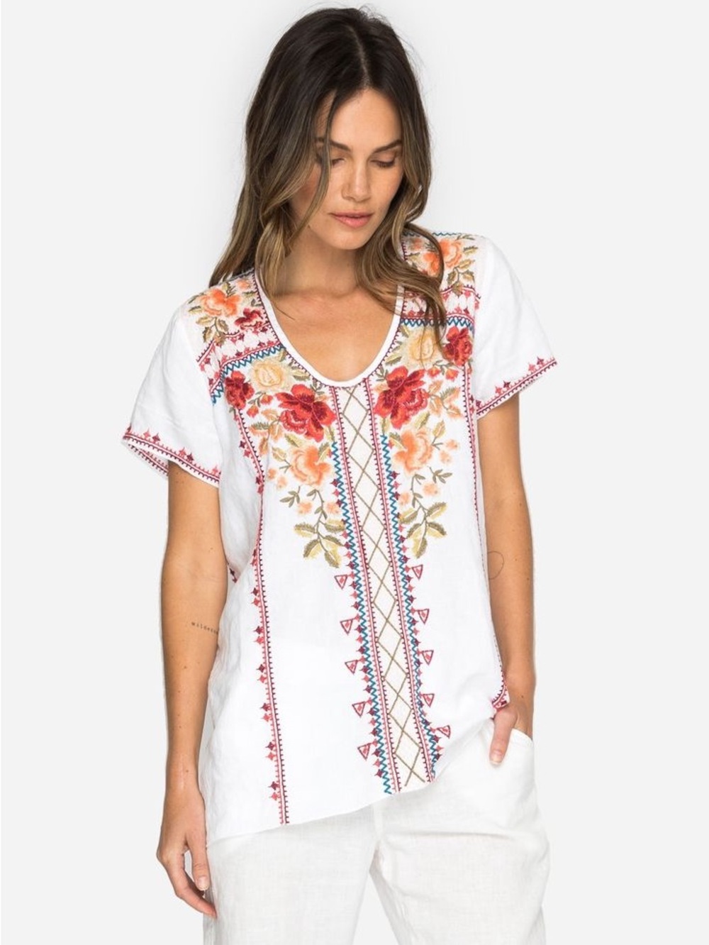 Johnny Was White Floral Embroidered V-Neck Tunic with Red and Peach Accents